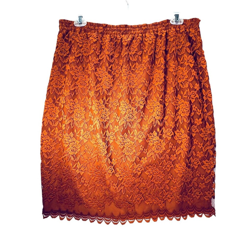 Maggie Sweet Copper Orange Lace Overlay Skirt Elastic Waist Scalloped Hem 1X XL